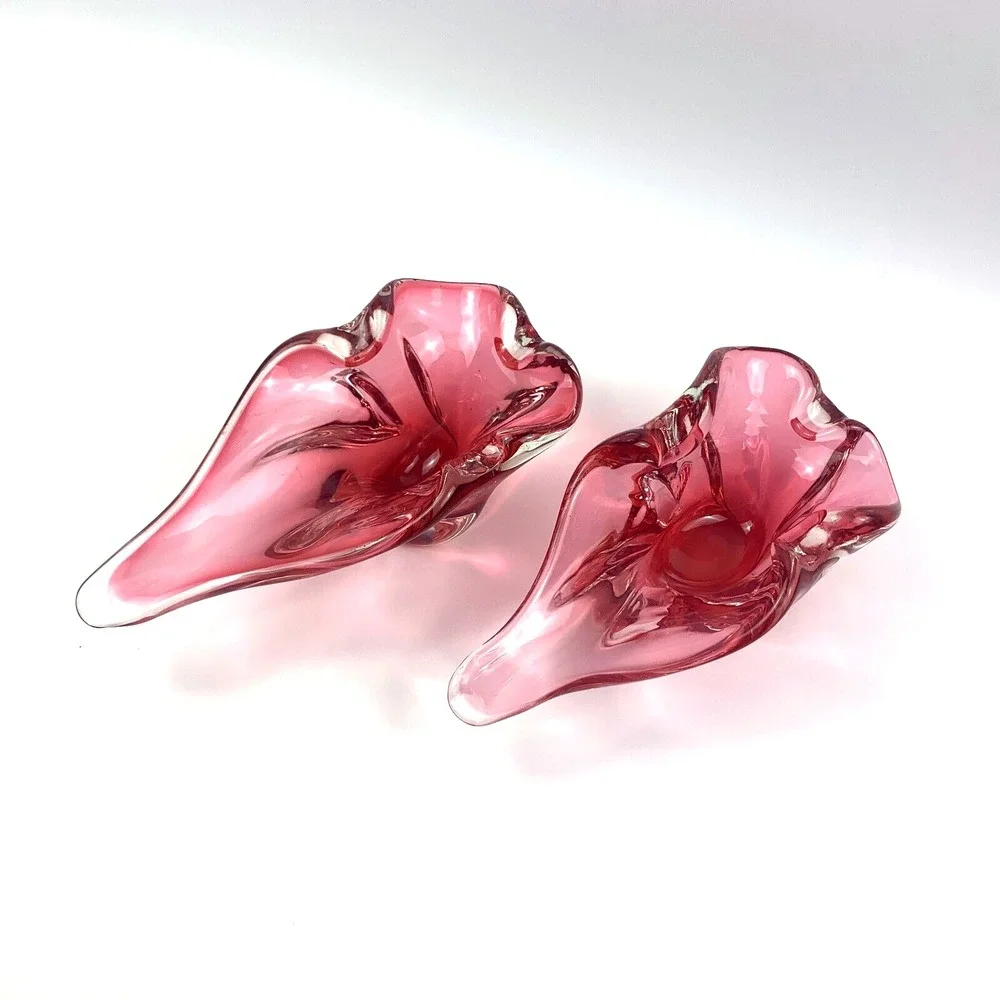 MCM Hand Blown Glass Ashtray Bowl Pair of 2 Harrachov/Czech Cranberry Pink 1950s - Picture 1 of 12